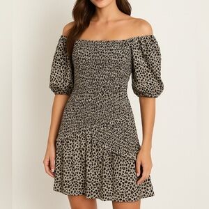 Madison Marcus Leopard Print Smocked Dropwaist Mini Dress Puff Sleeve S Small